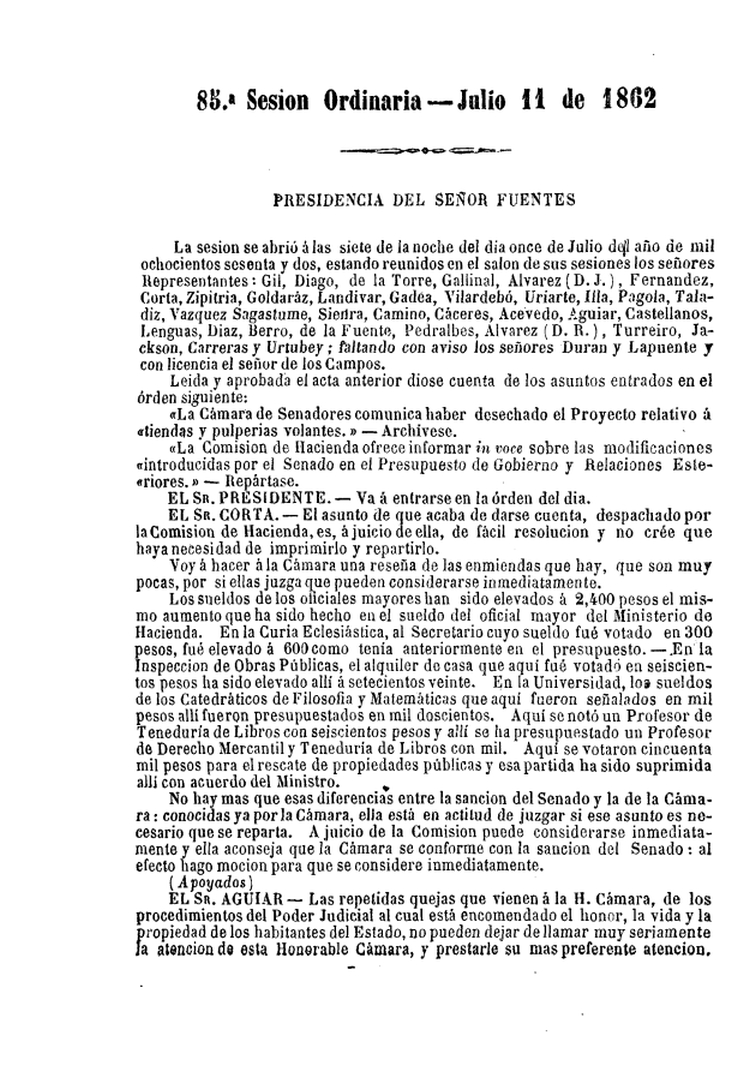 DIARIO DE SESIONES DE LA CAMARA DE REPRESENTANTES del 11/07/1862